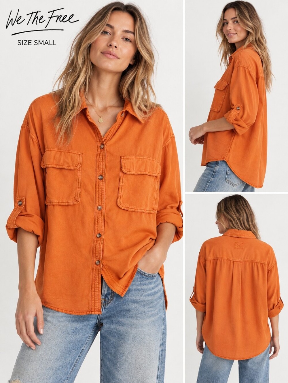 We The Free Orange Oversized Utility Button Down Shirt Top Small